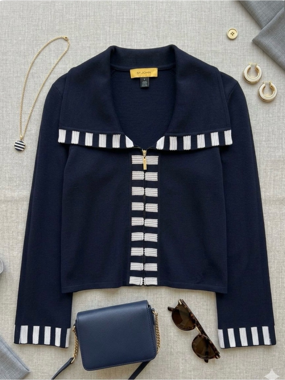 St. John Collection Navy Blue Knit Full Zip Jacket White Striped P (XS/S) Preppy